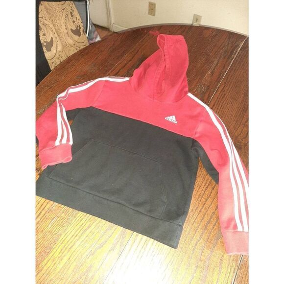 Kids Size Small Size 8 Adidas Red Black 3 Stripe Pullover Hoodie Sweatshirt - Picture 1 of 3